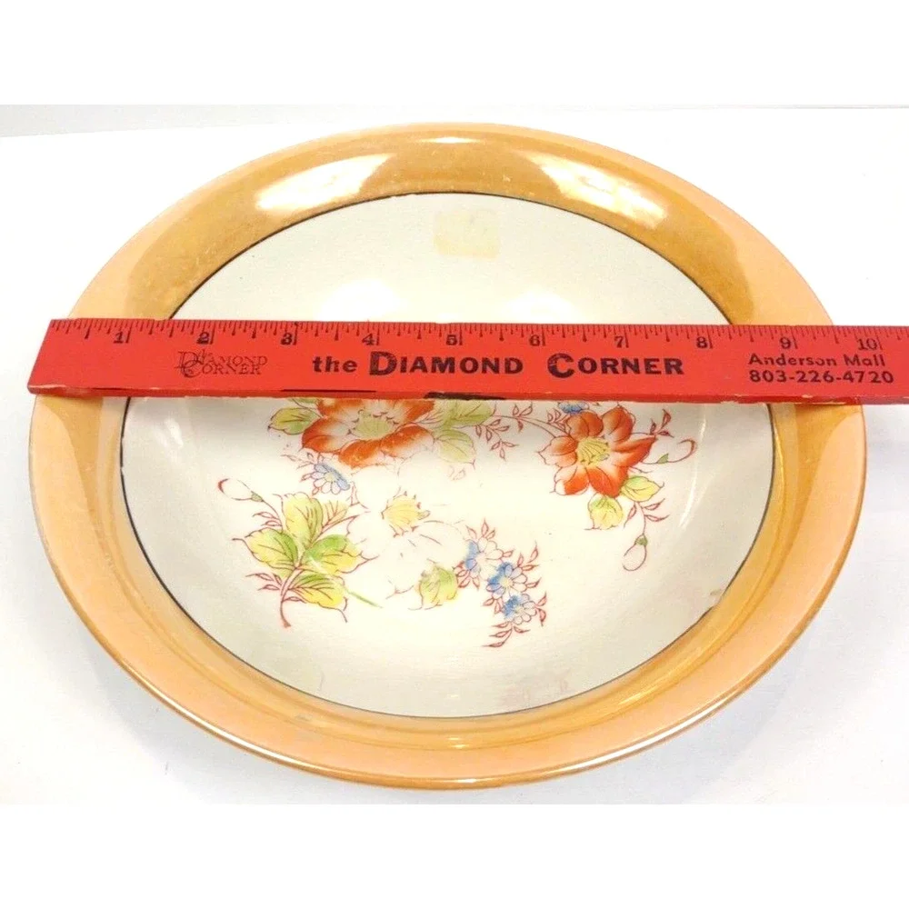 Vintage Japanese Luster Ware Serving Bowl with Floral Center Peach Band 9.5